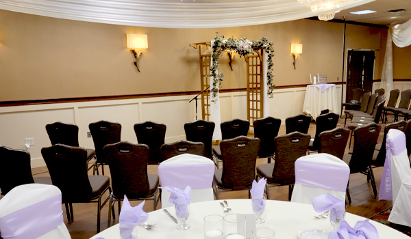 Wedding reception area with white flower arrangement