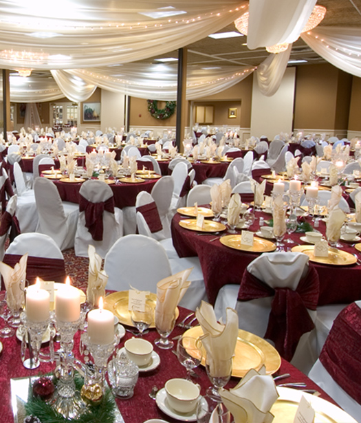 Wedding reception area with red table cloths